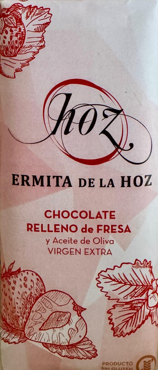 Tableta de chocolate negro artesano con aceite de oliva virgen extra (AOVE) relleno de crema de fresa 105g
