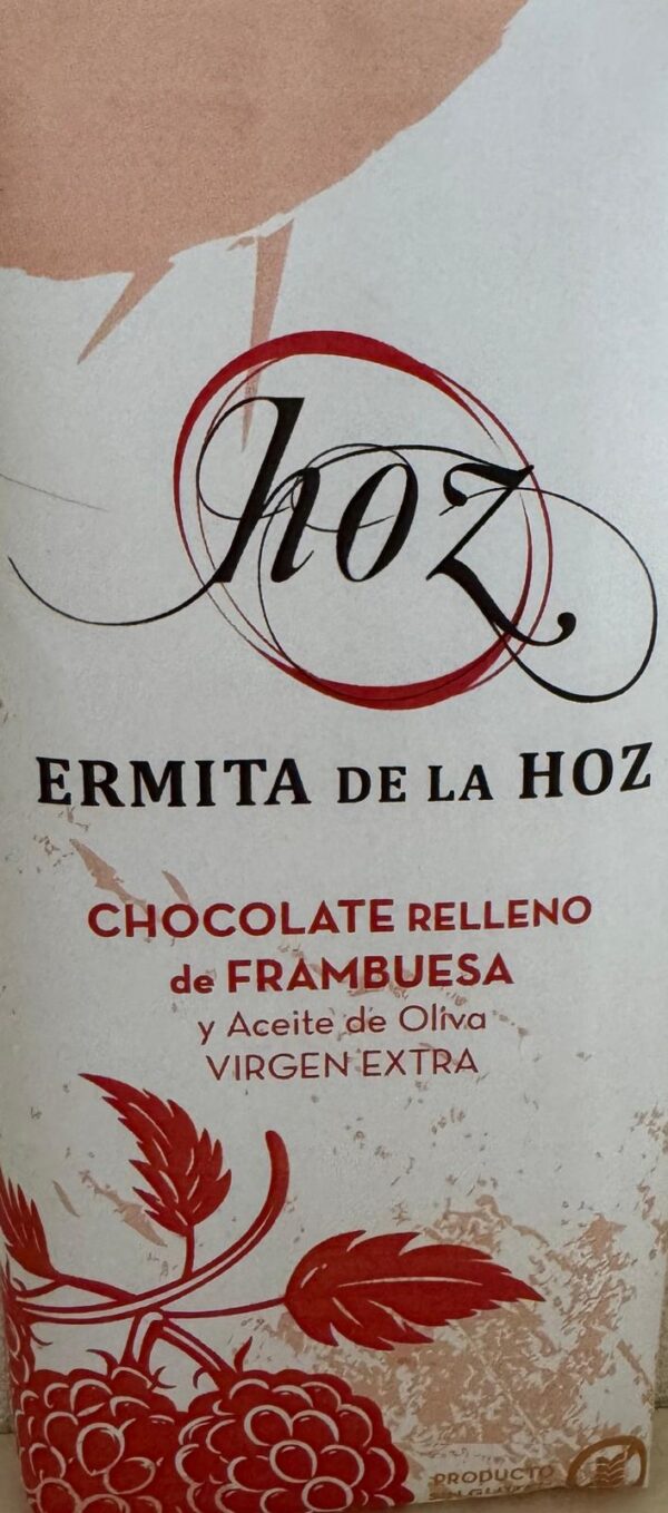 Tableta de chocolate negro artesano con aceite de oliva virgen extra (AOVE) relleno de frambuesa 105g